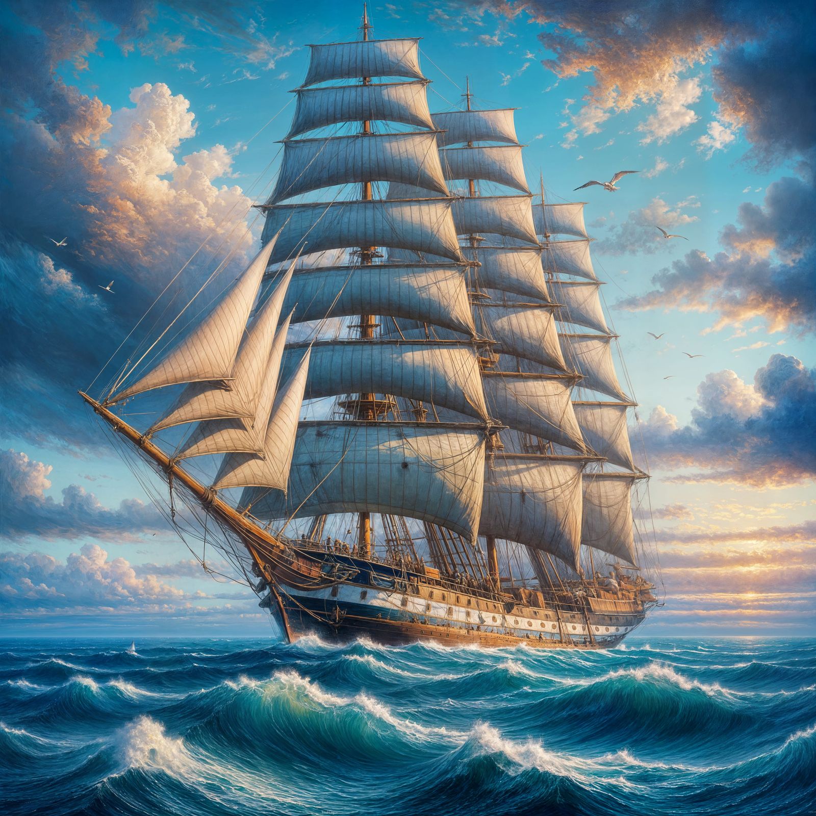 Oil Painting of a Windjammer Sailing at Sunset
