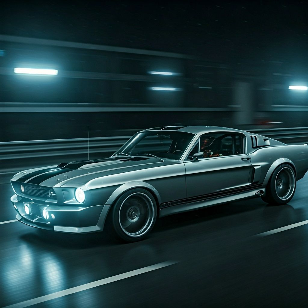 Futuristic 1967 Mustang Speeds Through Rainy Night Highway