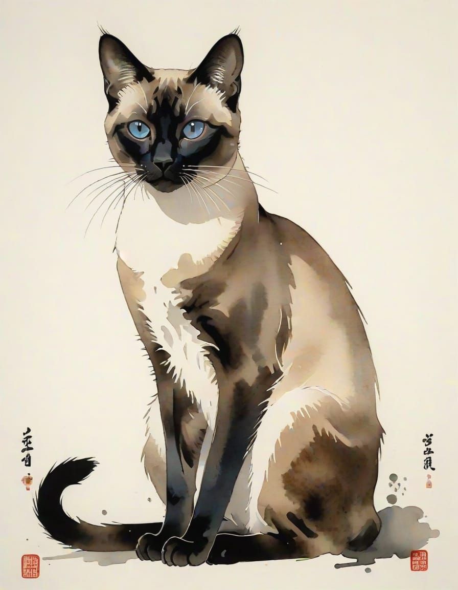 Siamese Cat in Traditional Japanese Sumi-e Style