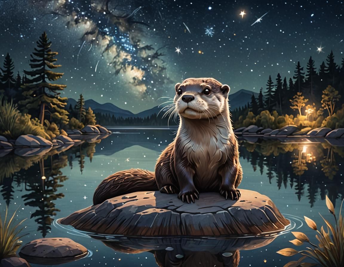 Cute Otter Under Starry Sky: Whimsical Illustration