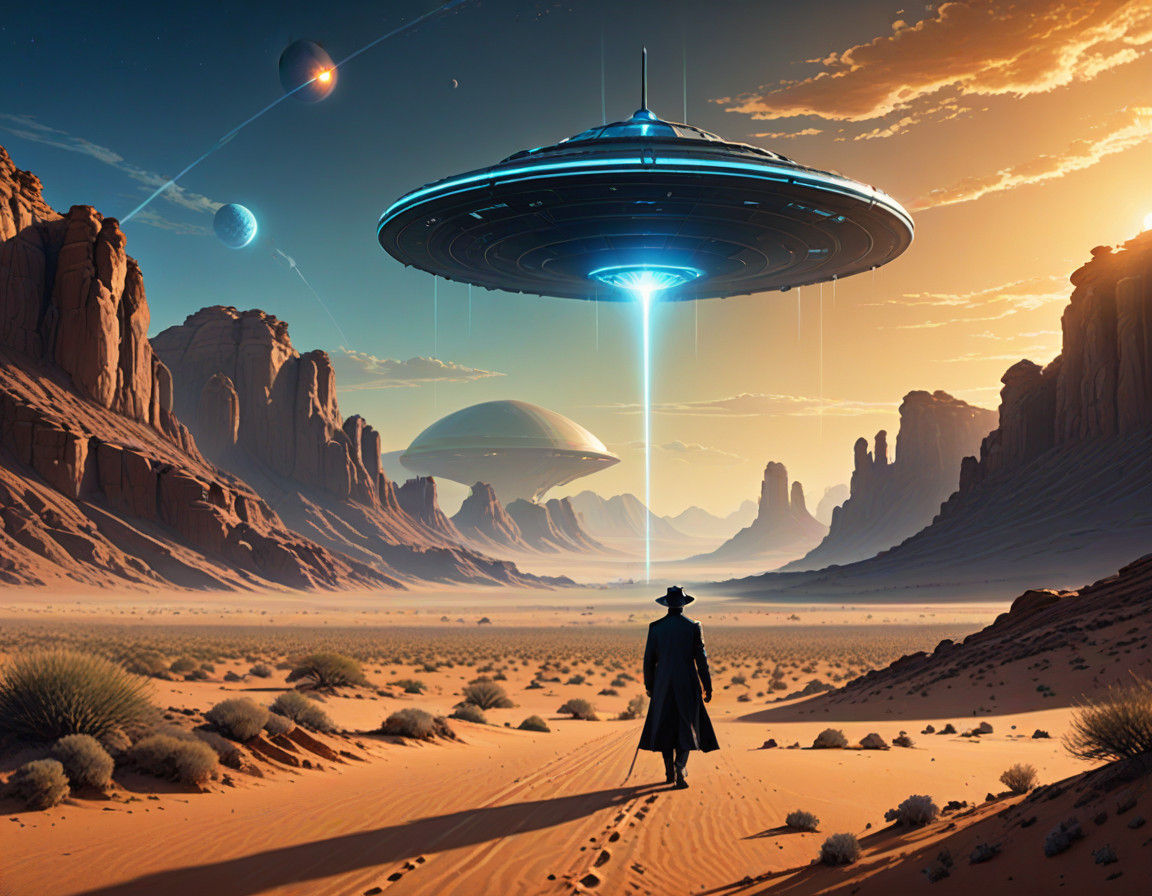 Retro-Futuristic Man Shields Himself from Alien Laser in the...