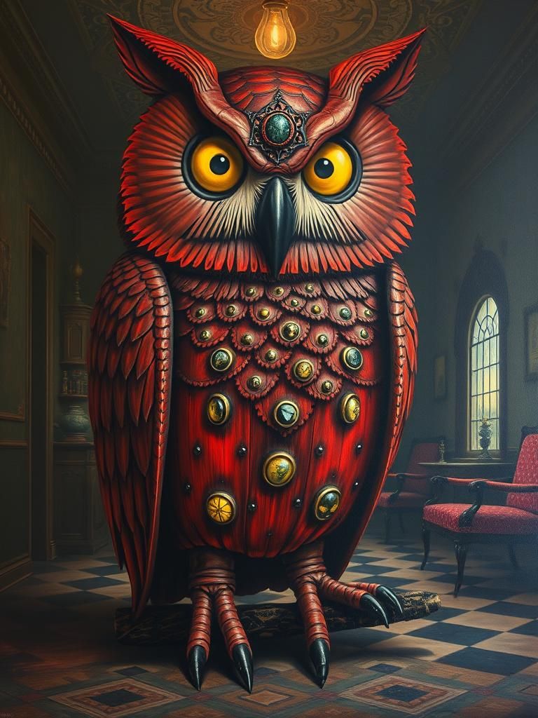 Surreal Wooden Owl Figurine in Art Deco Style