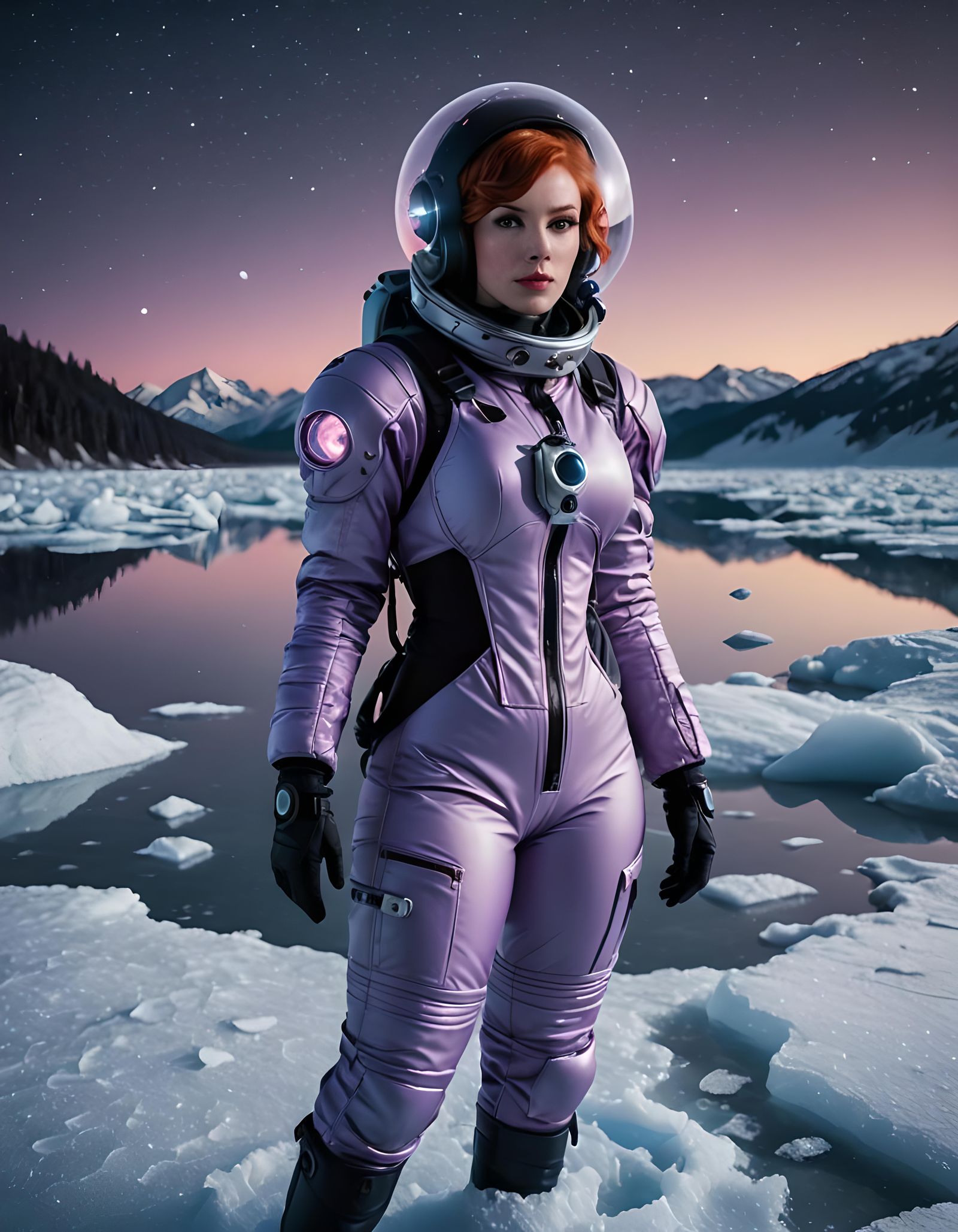 Redhead Astronaut on Frozen Lake in Lavender Spacesuit