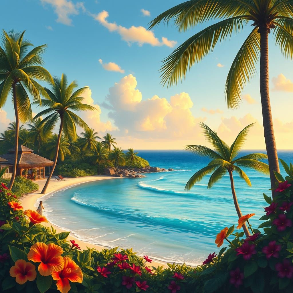 Serene Tropical Oasis in Sunset Light