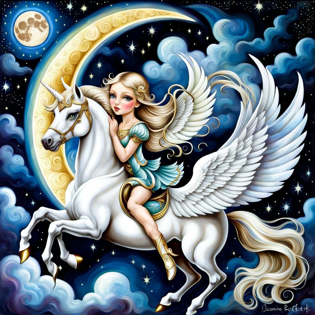 Pegasus Soaring Under Crescent Moon in Fantasy Art