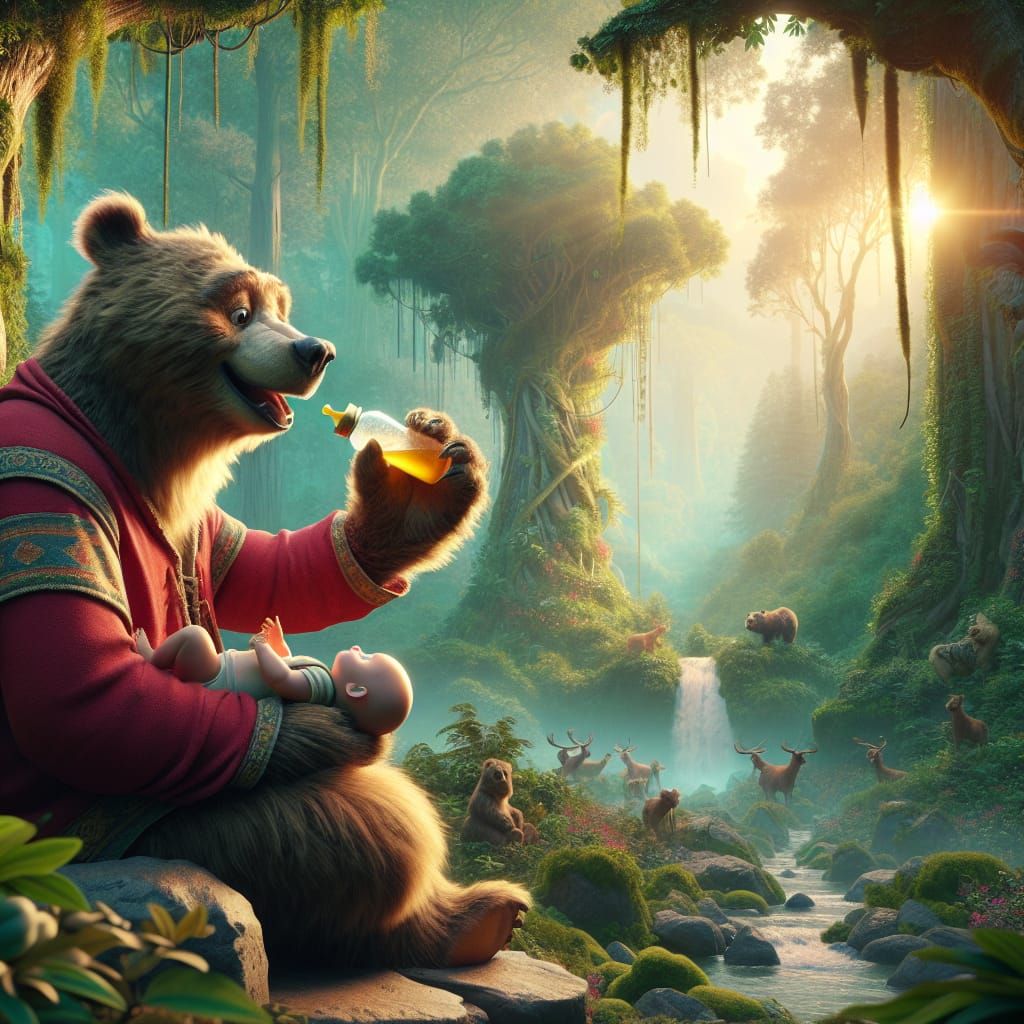 Bear Feeds Baby Honey in Forest: Matte Painting