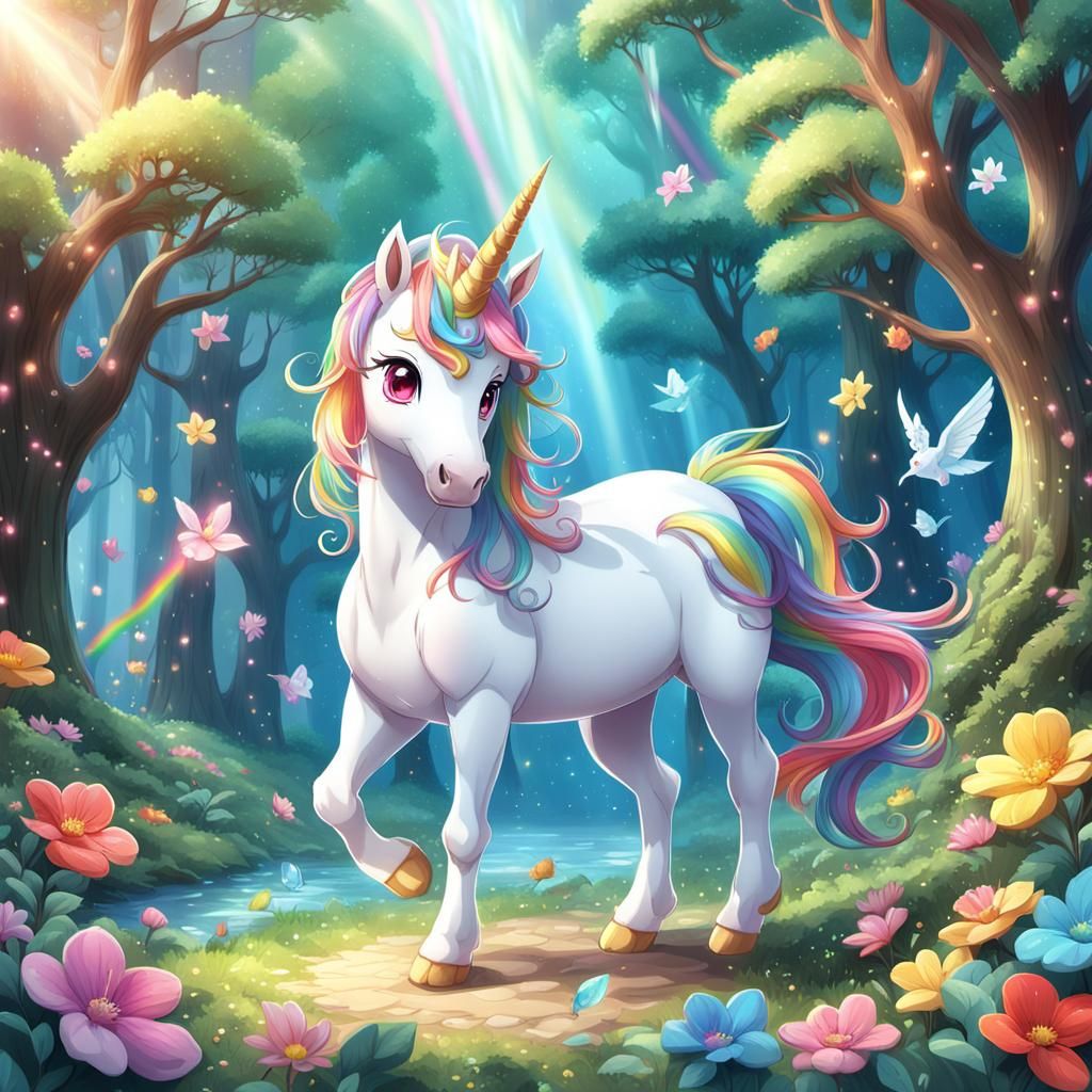 Rainbow Unicorn in Enchanted Forest: 3D Anime Illustration