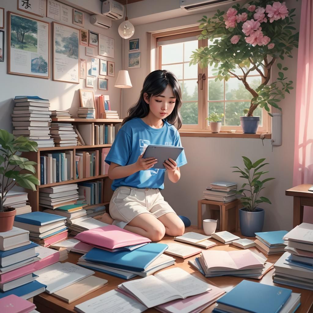 Asian Woman with Tablet: 3D Anime Art