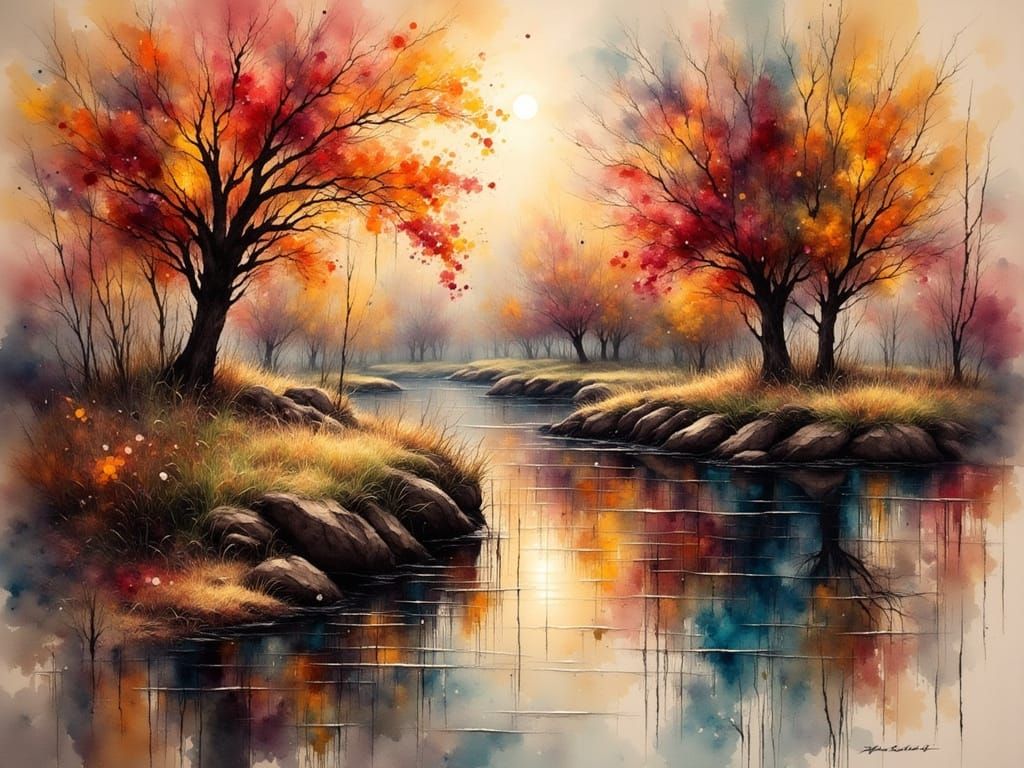 Expressionist Autumn Landscape in Antique Watercolor Style