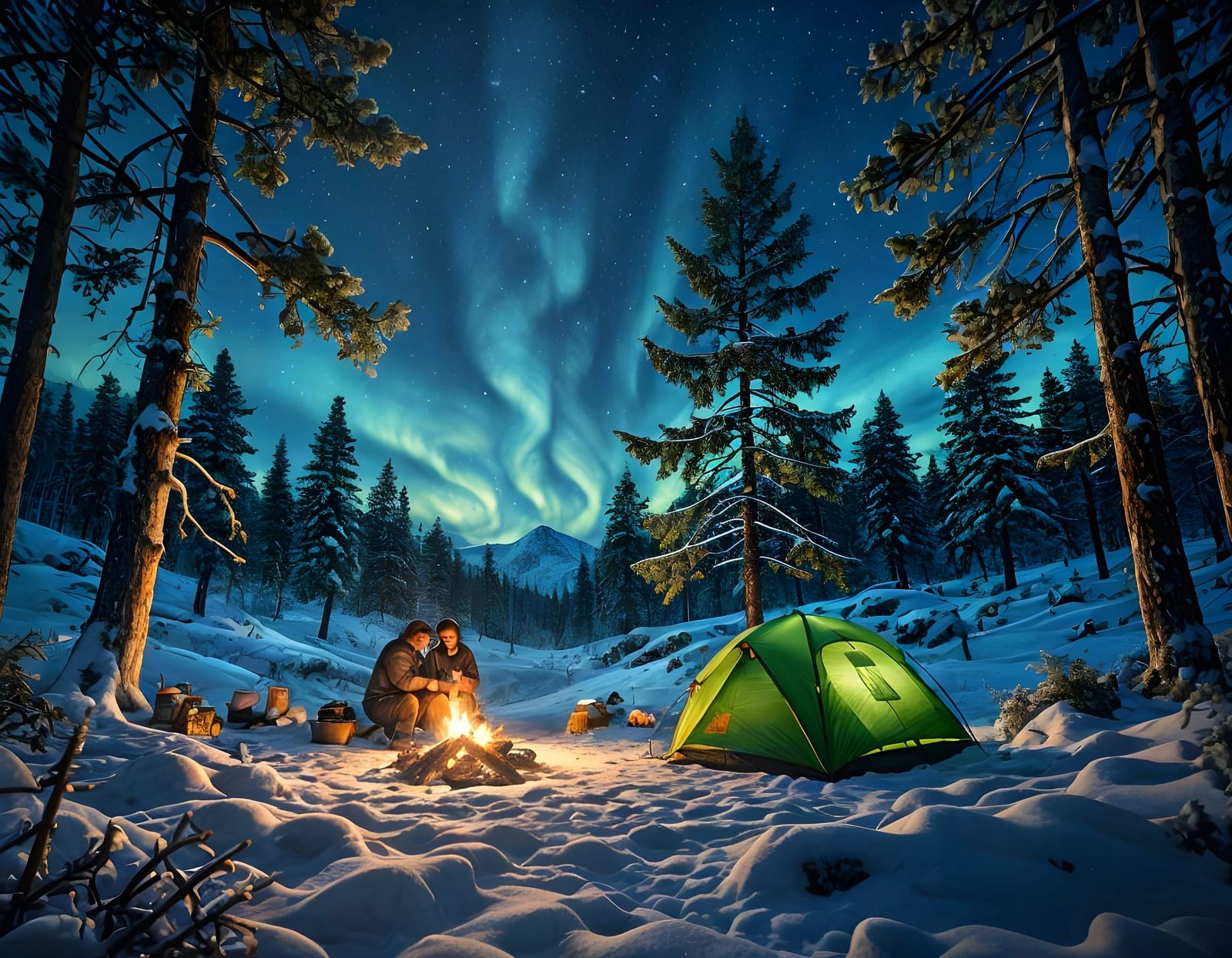 Romantic Winter Campsite Scene in Snowy Glade