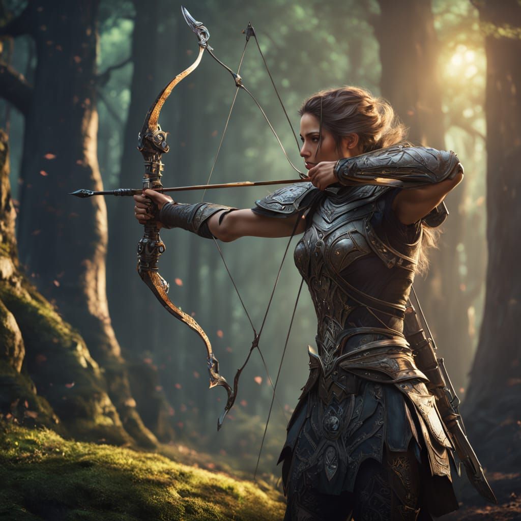 Fantasy Warrior Draws Bow in Enchanted Forest