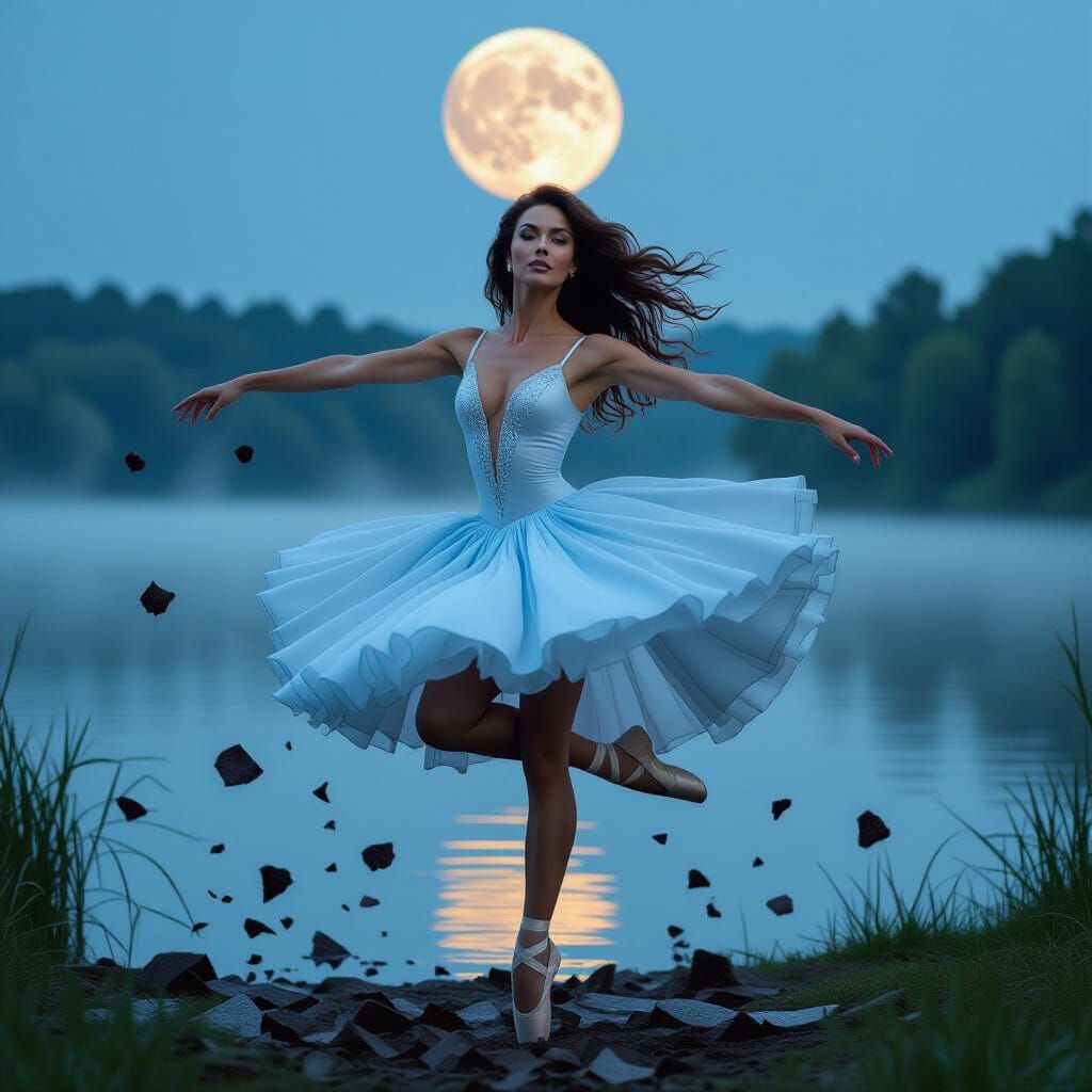 Ballerina Mid-Jump at Swan Lake in Magazine Style