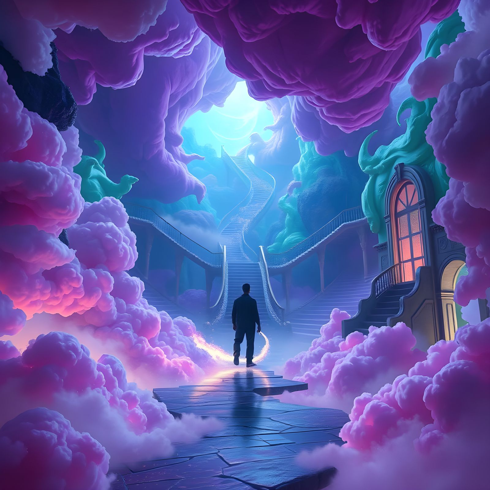 Surreal Figure Emerges in Liminal Realm, with Swirling Cloud...