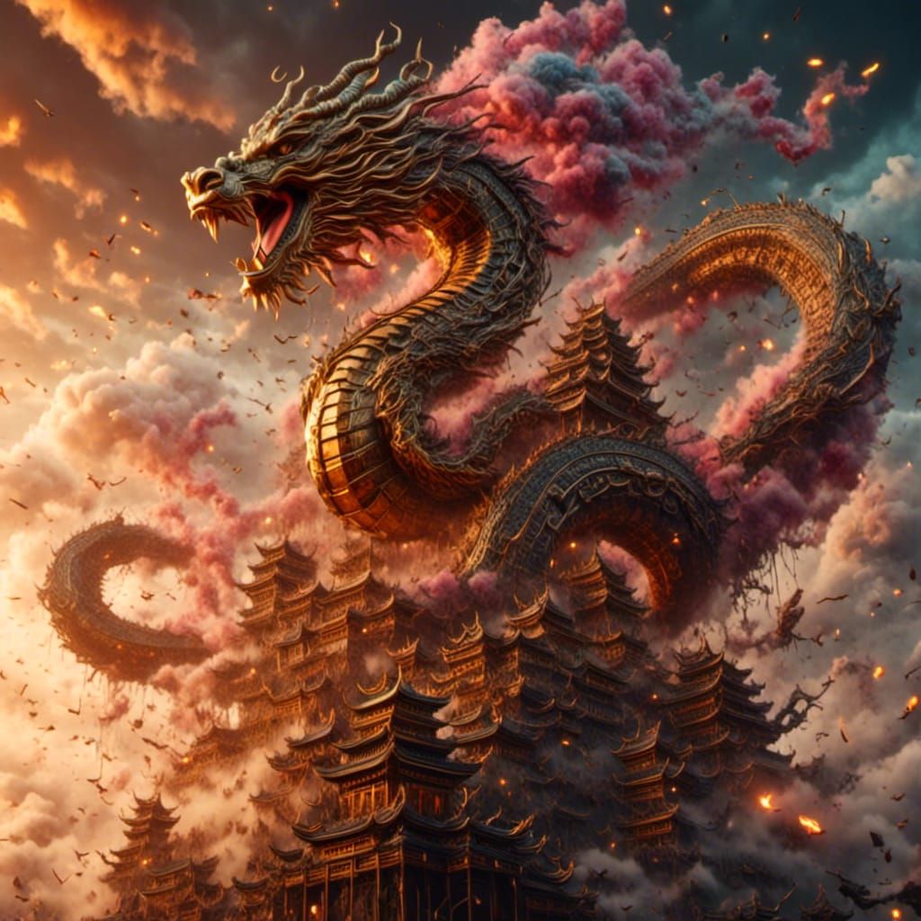 Samurai on Dragon Above Japan in 3D Anime Style