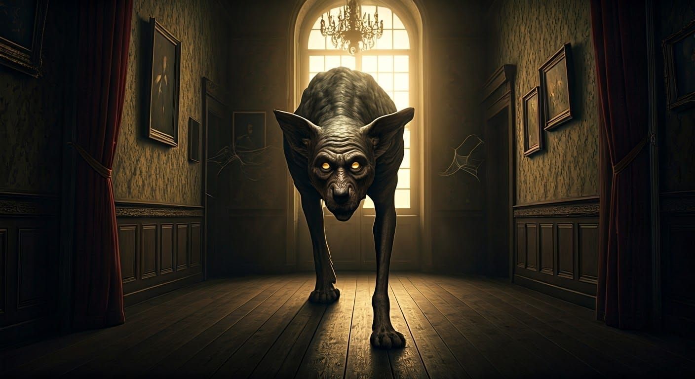 Gothic Manor Beast Howling in Eerie Hallway