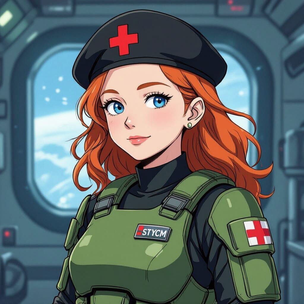 Woman in USCM Armor in Vibrant Anime Style