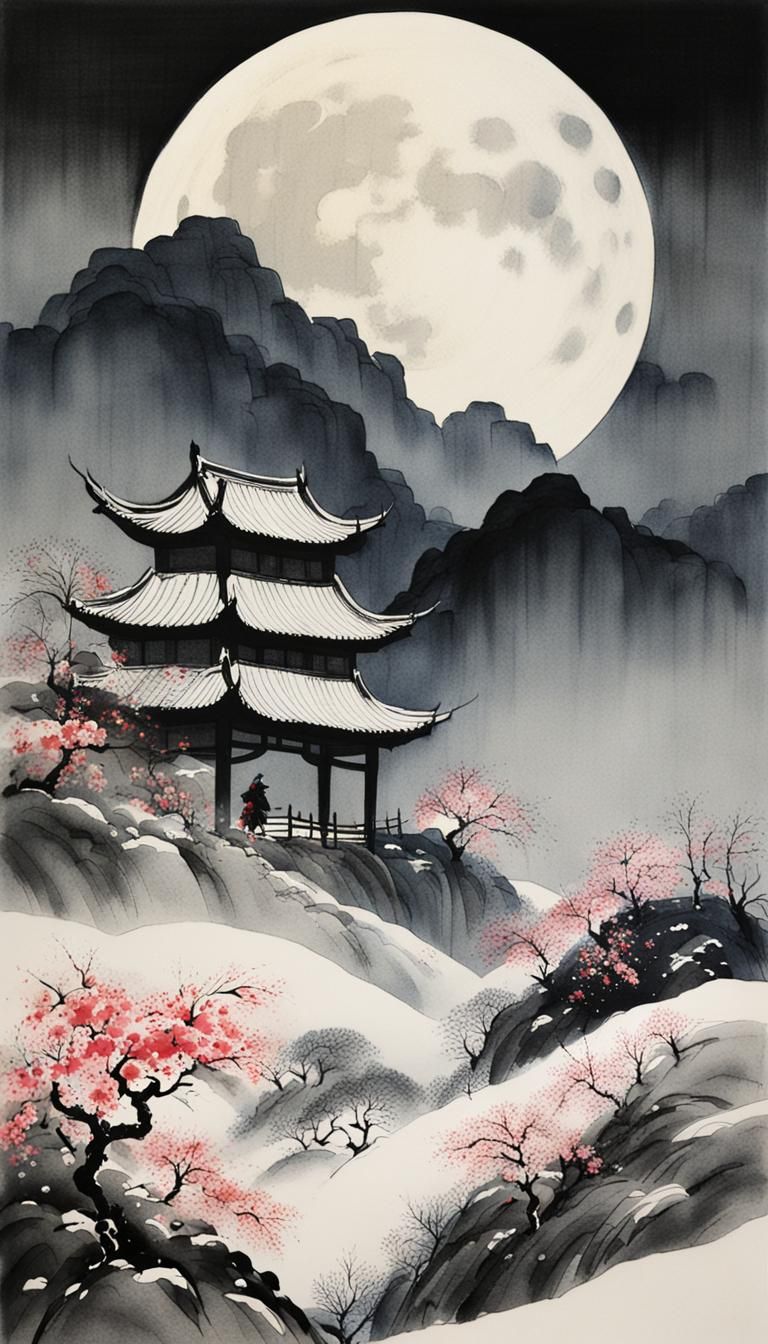 Chinese Ink Painting: Wind, Flowers, Snow, Moon