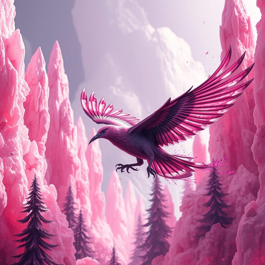 Pink Bird Flight in Crystalline Landscape, Alcohol Ink Style