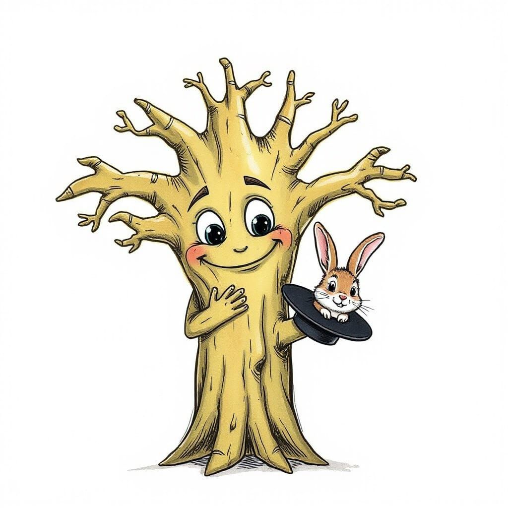 Cartoon Tree with Top Hat and Rabbit