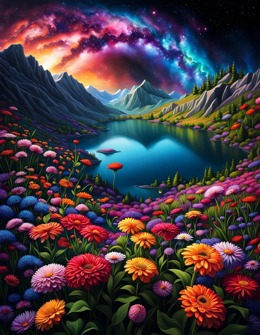 Hyperrealistic Flowers Beside Mountain Lake and Galaxy Sky