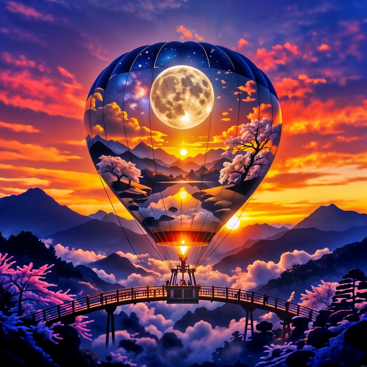 Steampunk Balloon over Japanese Garden in Double Exposure