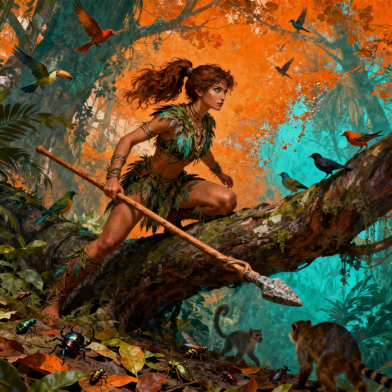 Tribal Woman with Spear in Jungle, Dynamic Lighting