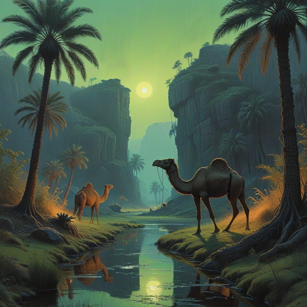 Epic Desert Oasis at Sunset in Realistic Matte Painting Styl...