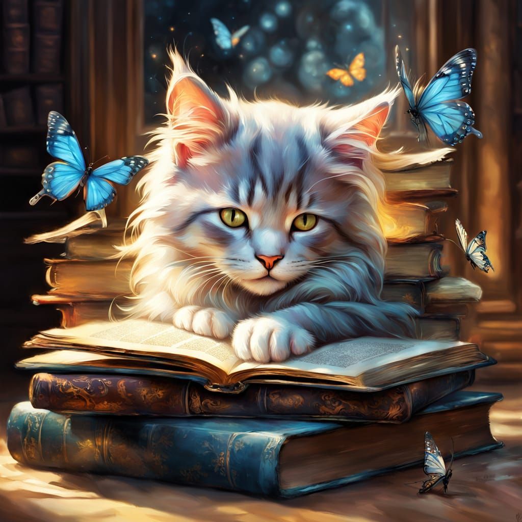 Fluffy Kitten Sleeps on Antique Books in Ethereal Light