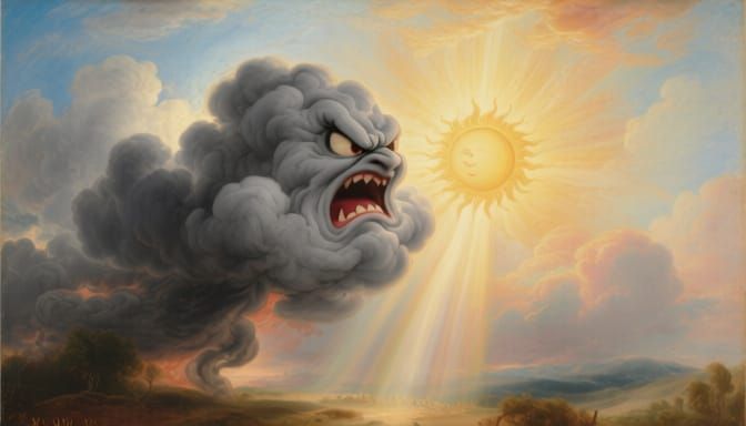 angry cloud bickering with the sun, heavenly sunshine beams ...