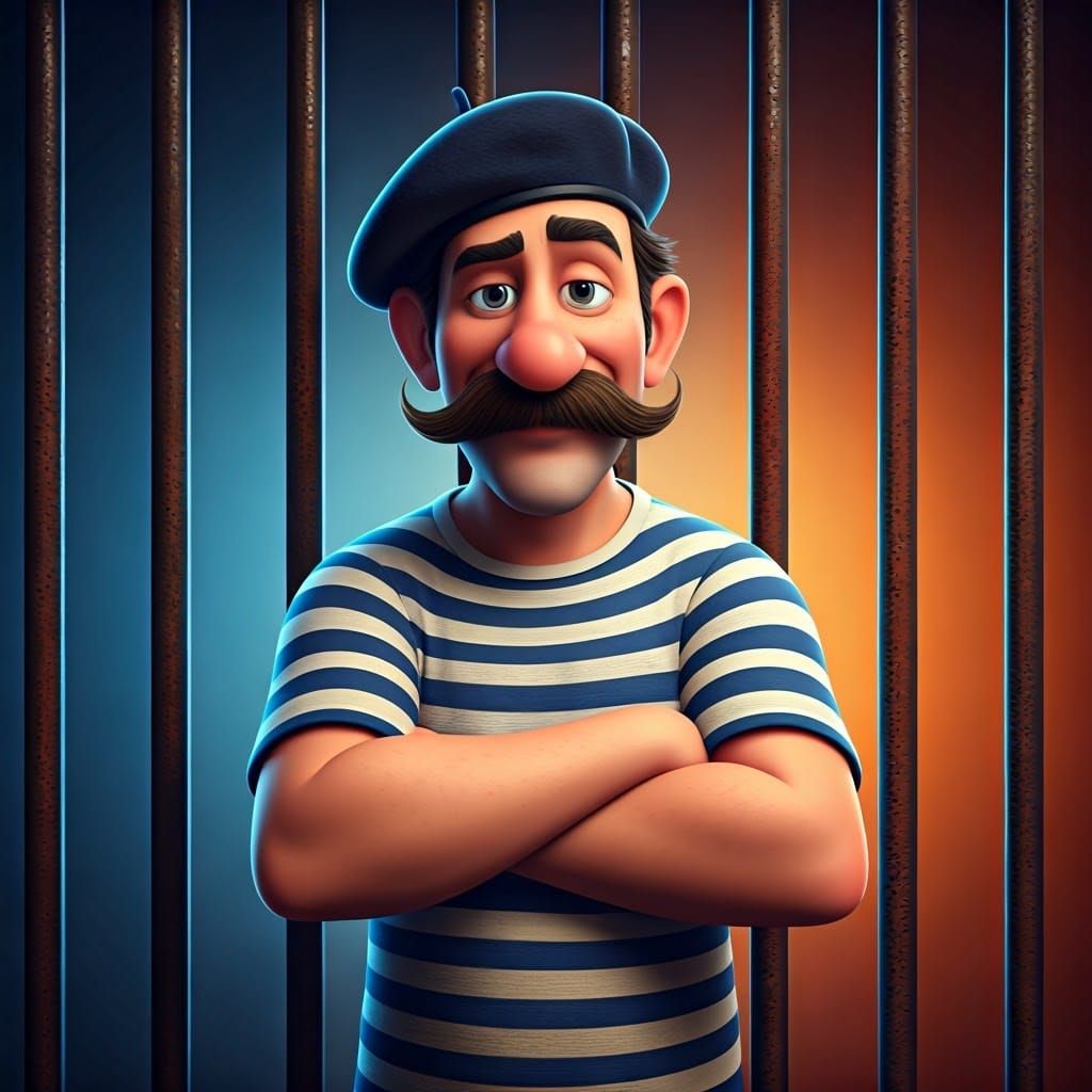 Stereotypical Frenchman in a striped Breton jersey and a beret behind prison bars