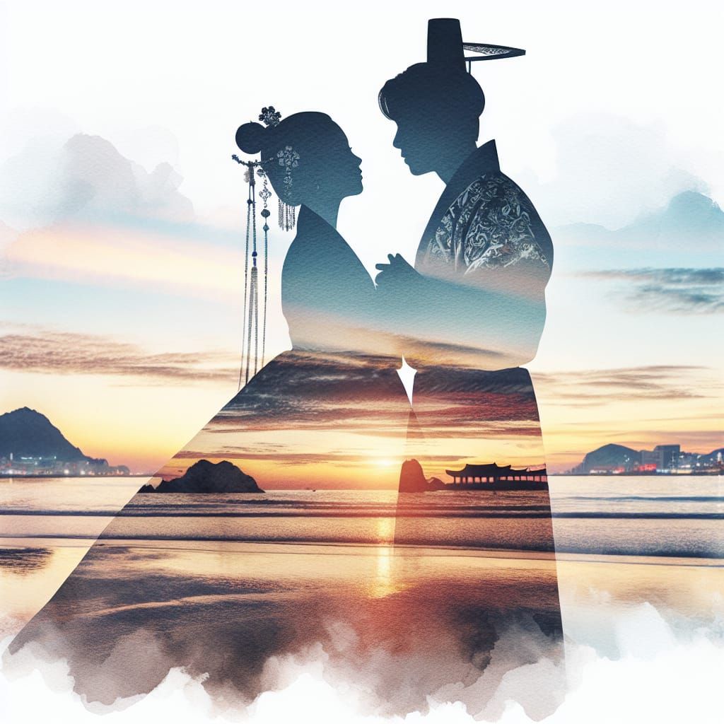 Watercolor Korean Couple Dancing at Dusk