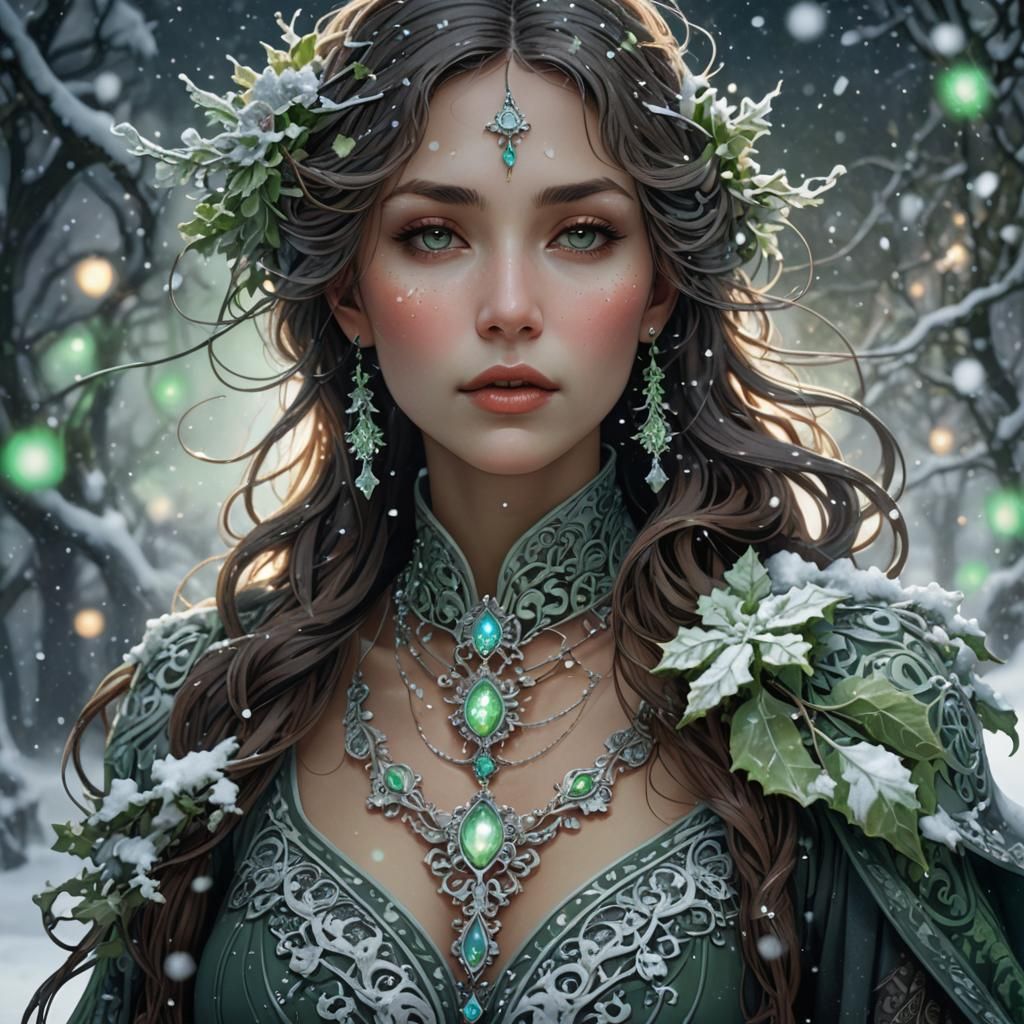 Dark Fantasy Woman in Snow with Art Nouveau Necklace