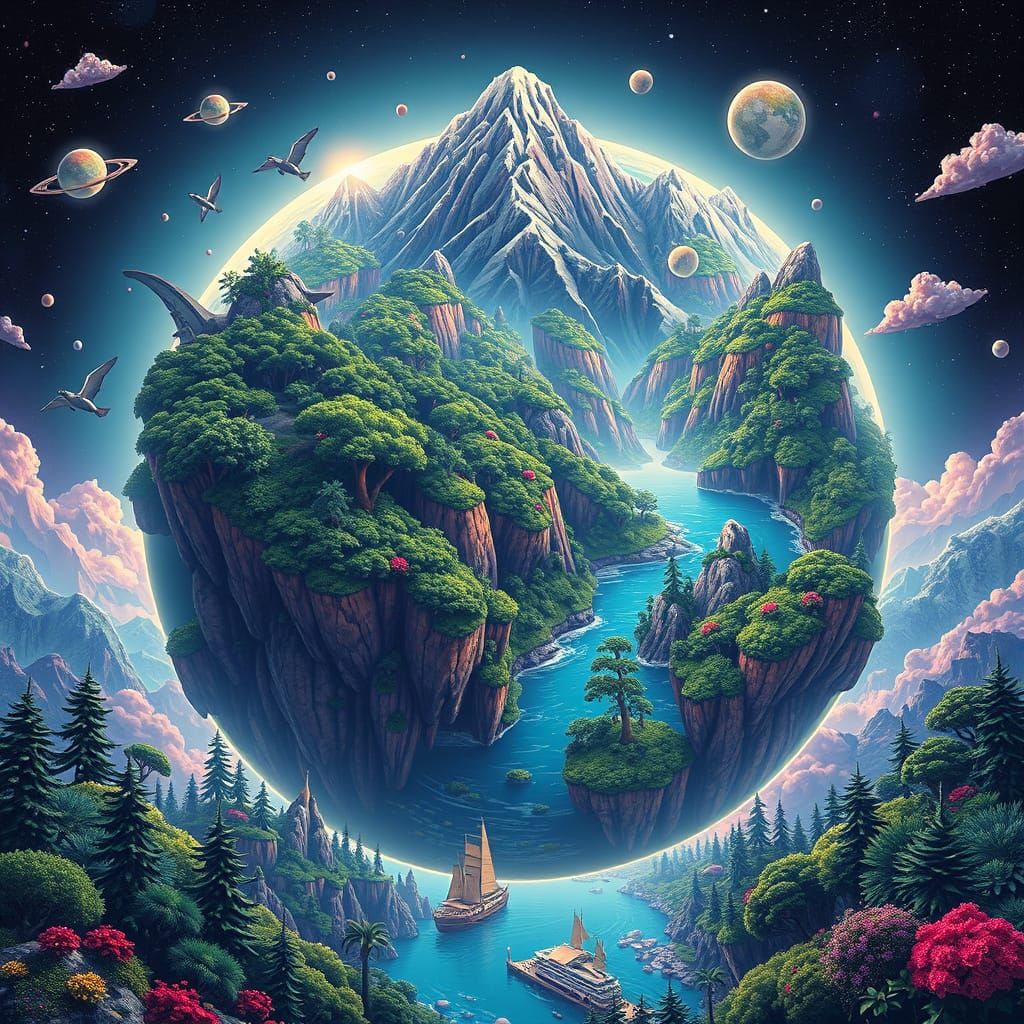 Lush Planet with Mountains and Forests, Surreal Style