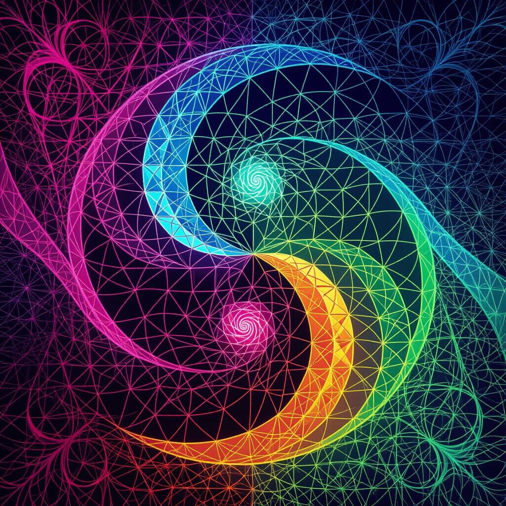 A kaleidoscope of fractal patterns and geometric shapes, swirling and merging together in a mesmerizing display of color...