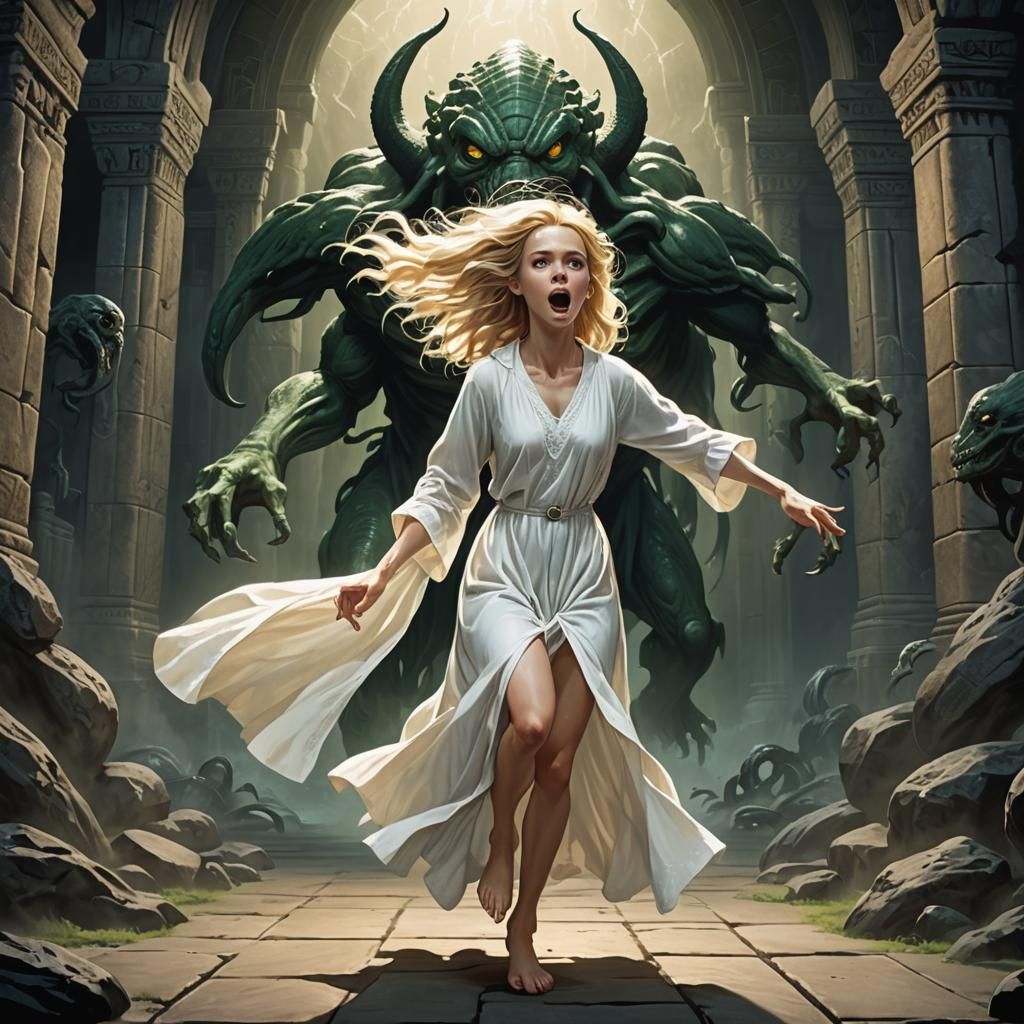 Girl Escaping Cthulhu in Stone Temple