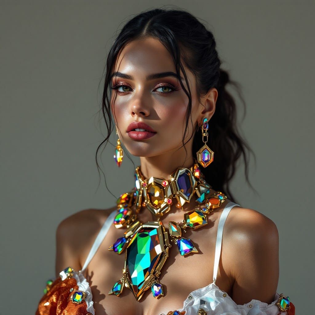 Glamorous Woman in Futuristic Jewelry Ensemble