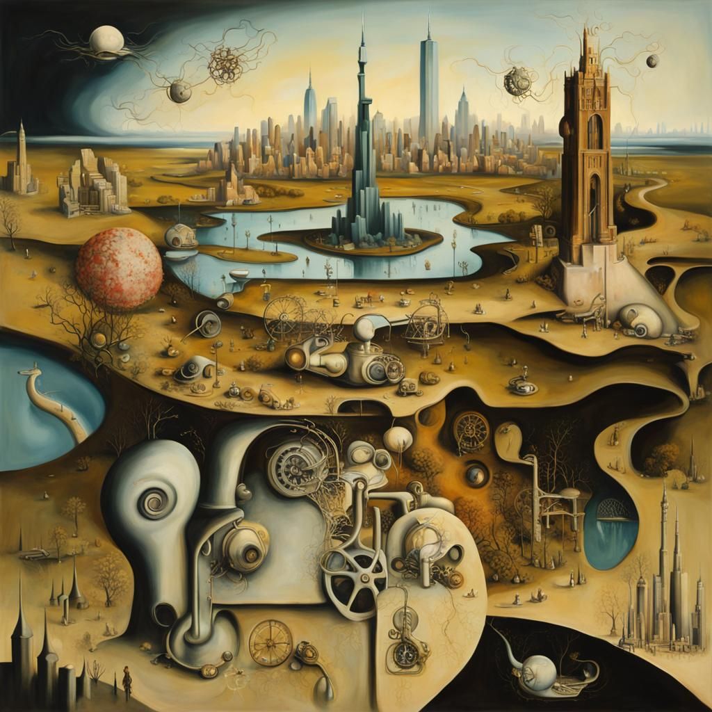 New york city  as The Garden of Earthly Delights like  surrealism Salvador Dali matte background melting oil on canvas s...