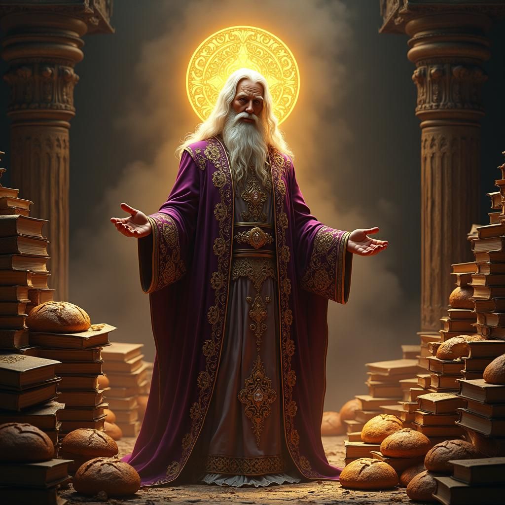 Victorian Saint Surrounded by Bread and Books