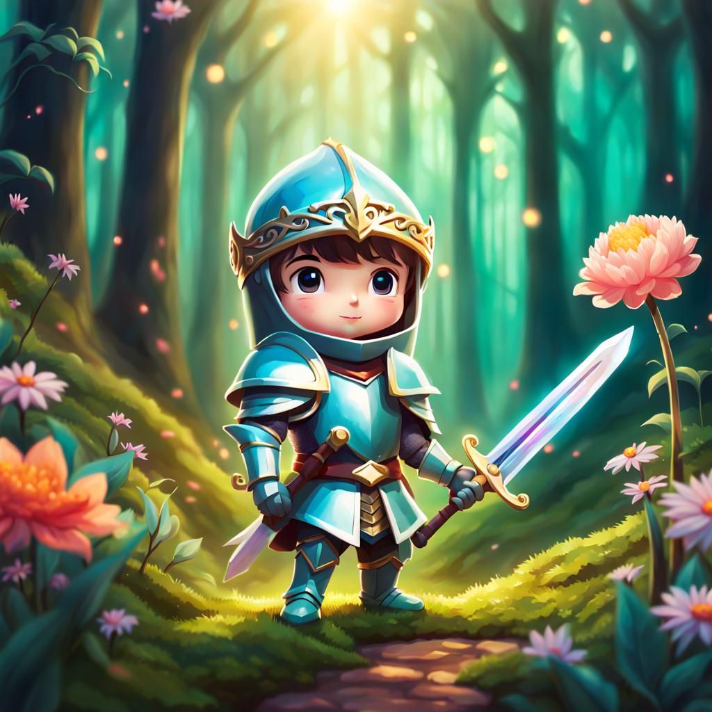 Whimsical Chibi Flower Knight in Magical Forest
