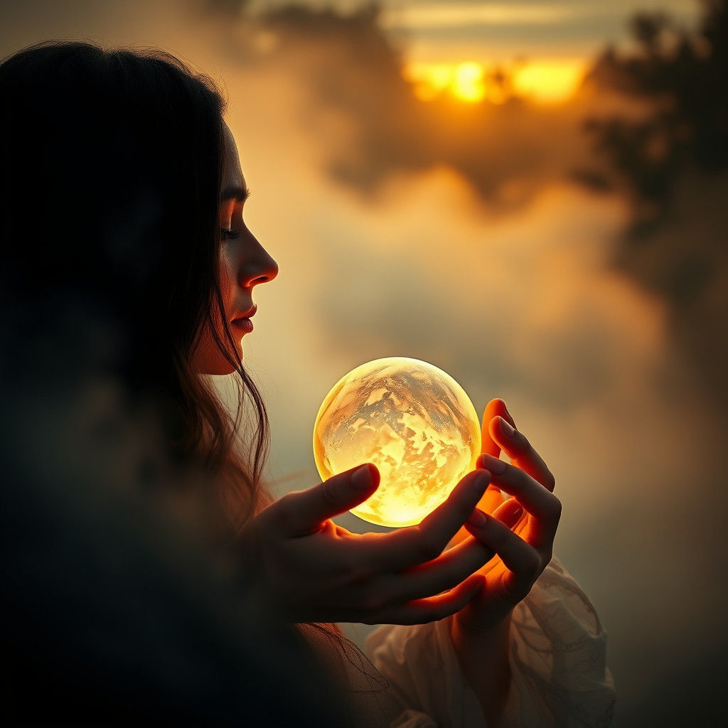 Woman with Glowing Orb in Dramatic Landscape