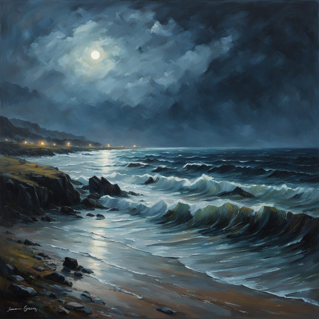 Misty Coastal Twilight in Oil Painting Style