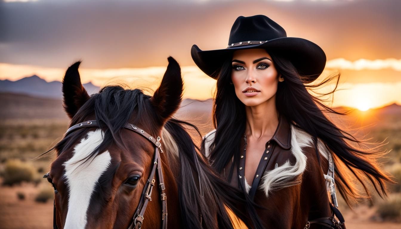 American Cowgirl on Mustang Horse at Sunrise