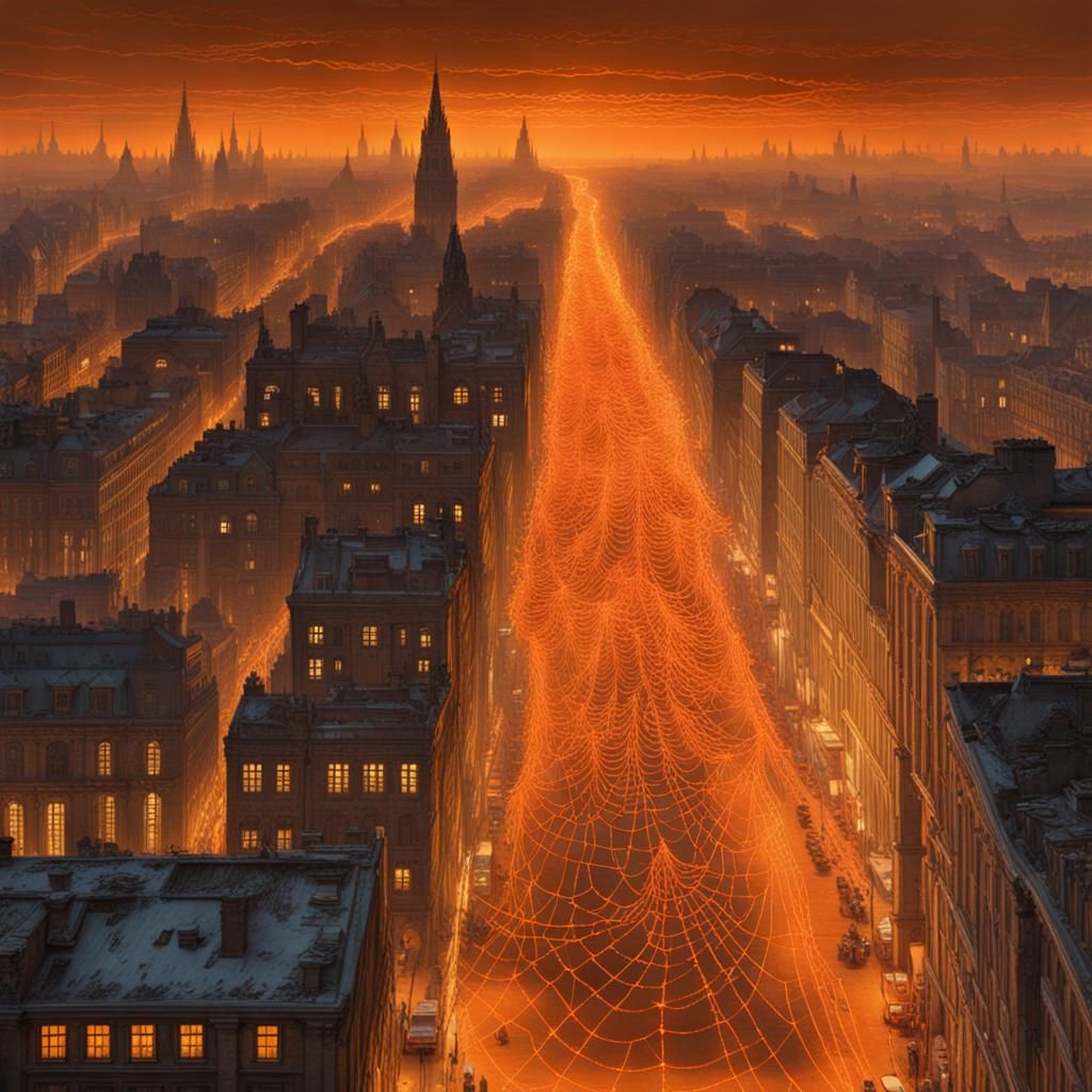 Orange Spider Web of Roads Night Aerial View