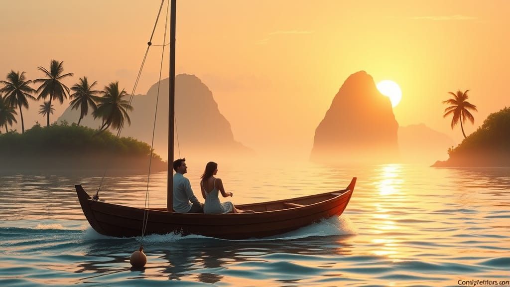 Sailors in a Serene Sunset Archipelago in Romantic Realism S...