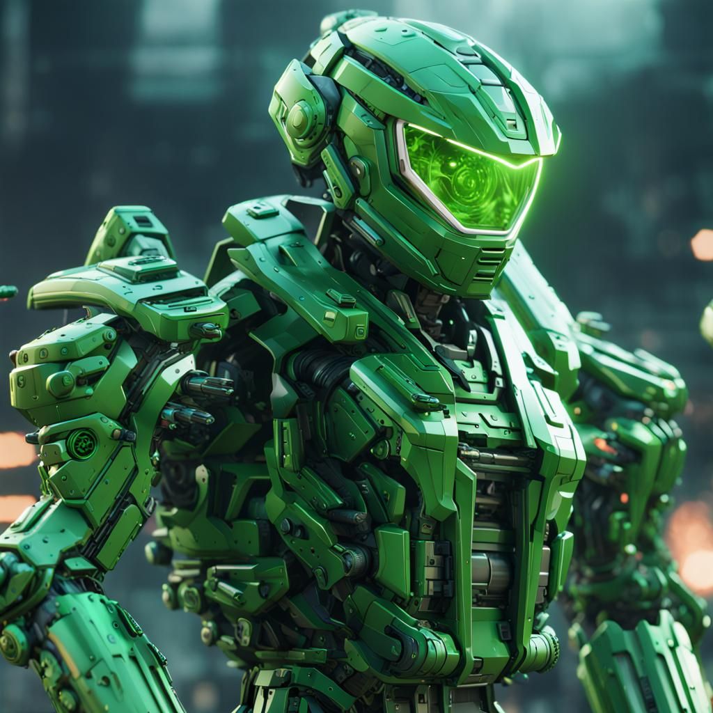 Futuristic Green Ninja Robot with Multiple Guns