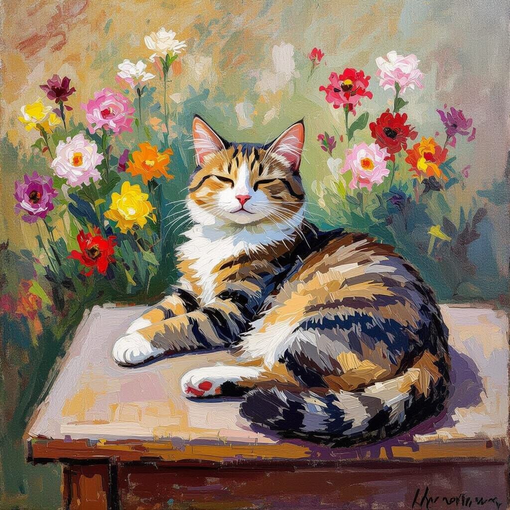 Cat Surrounded by Flowers in Impressionist Oil Painting