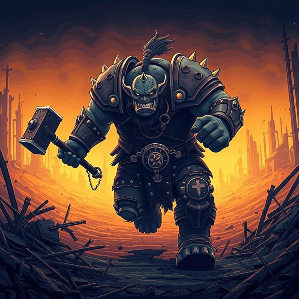 Warhammer Ogre Charging, Sci-Fi Digital Art