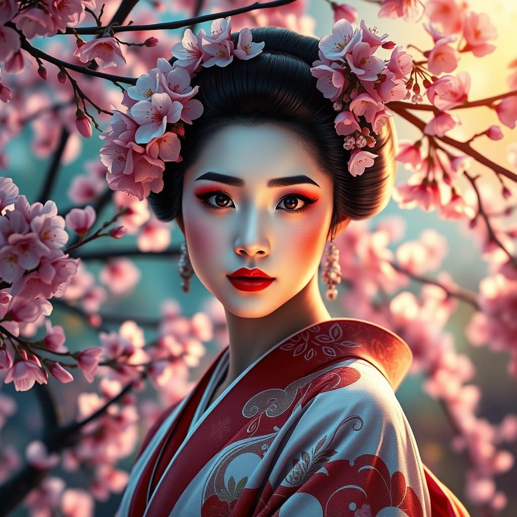 Japanese Geisha in Vibrant Cherry Blossom Splendor