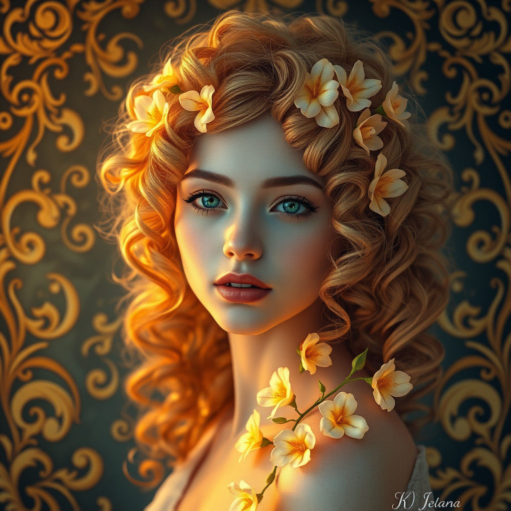 Ethereal Flower Maiden in Art Nouveau Style