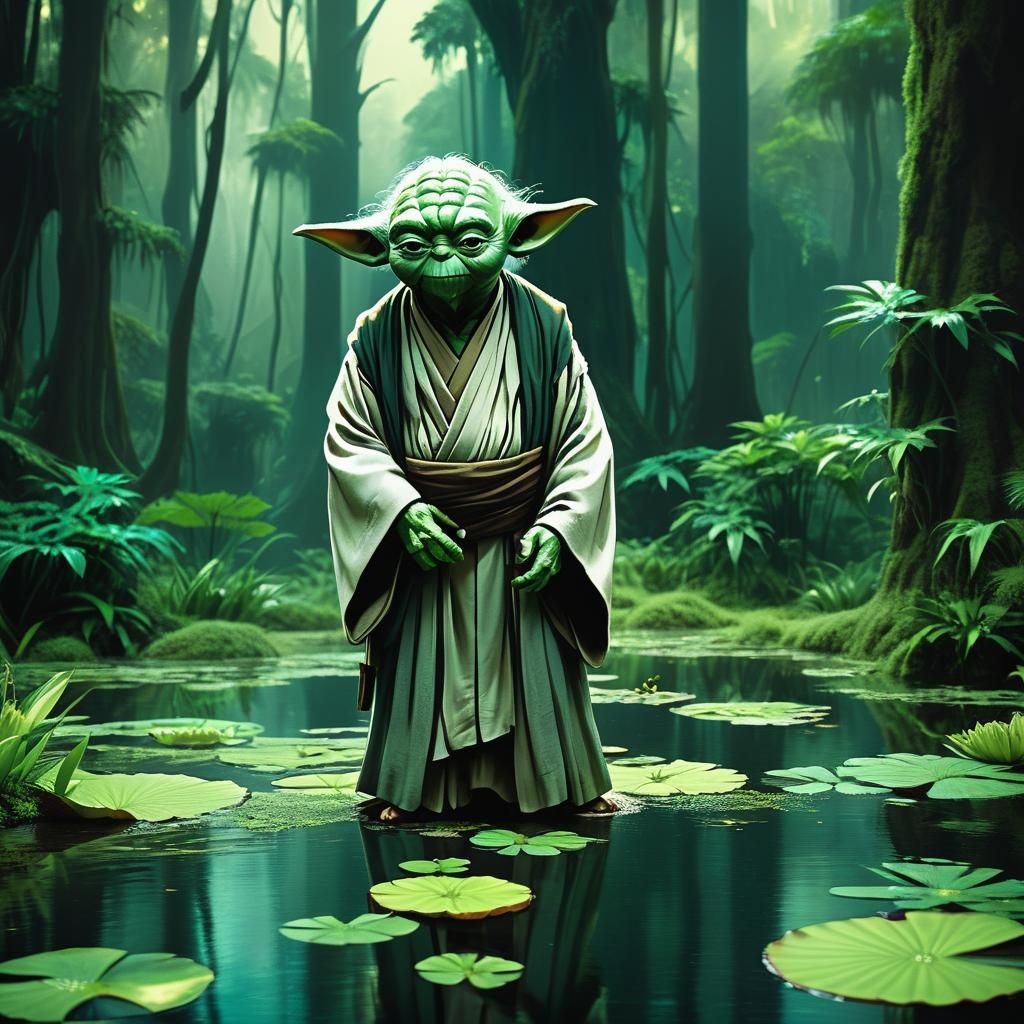 Yoda in Lush Forest: Manga Style Matte Painting
